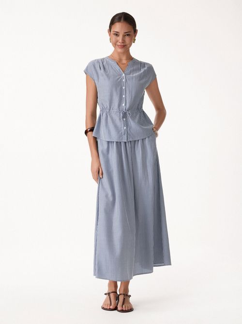 2Pcs Set Drawstring Waist Poplin Shirt & High Rise Midi Skirt with Pockets - Navy/White Stripe / XS