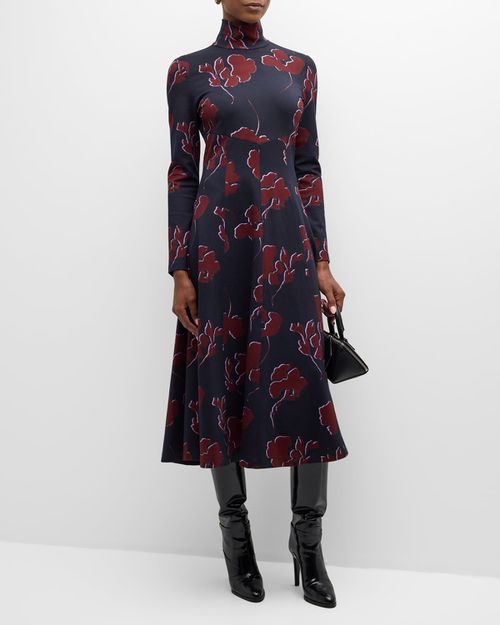 Thea Long-Sleeve Floral Turtleneck Midi Dress