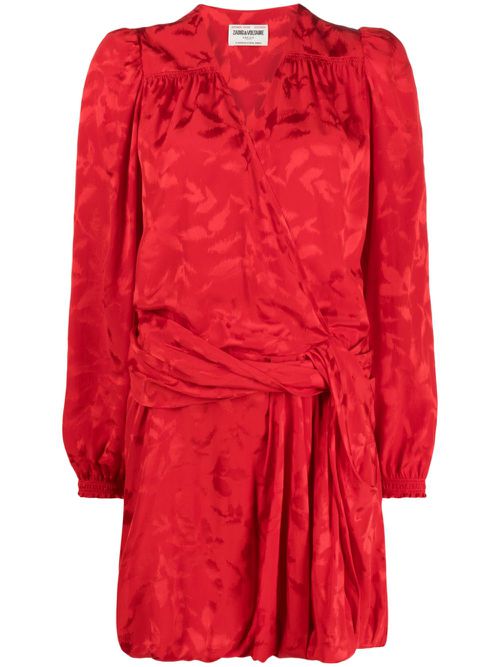 Floral-jacquard wrap minidress - Red