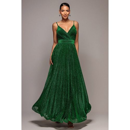 Goddiva Sleeveless Pleated A Line Lurex Maxi Dress - Emerald Green
