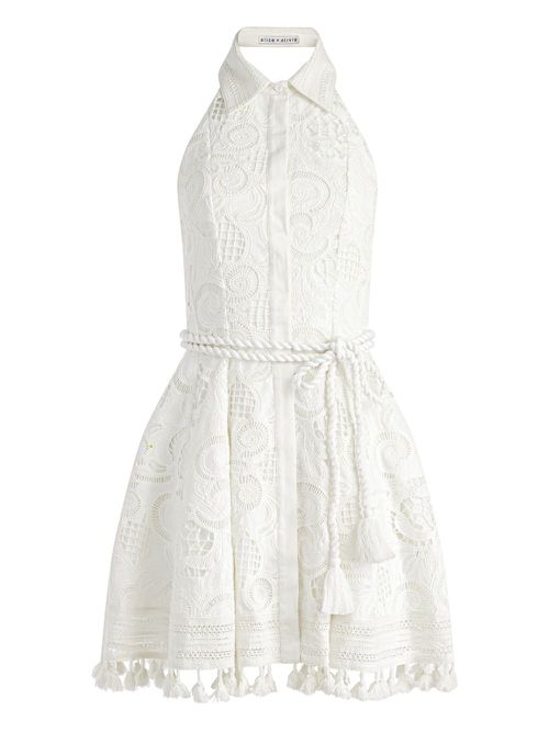 Embroidered belted mini dress - White