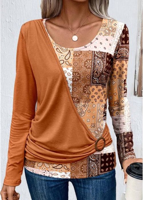 Modlily Light Camel Asymmetry Patchwork Long Sleeve T Shirt