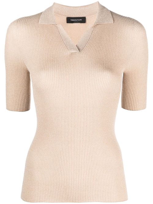 Ribbed-knit short-sleeved polo shirt - Neutrals