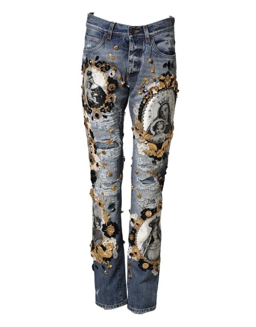 Embellished Distressed Denim Jeans — Blue