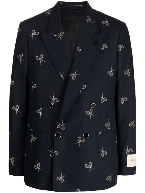 Racket-print double-breasted blazer - Blue