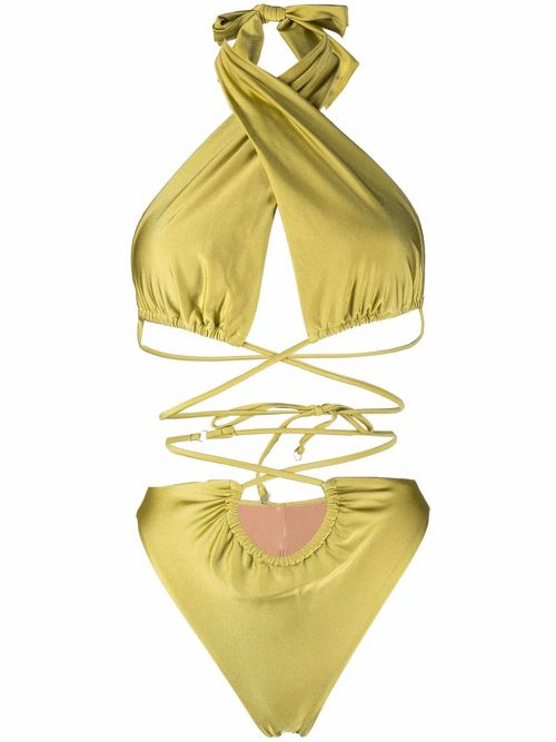 Lattice-strap halterneck swimsuit - Yellow