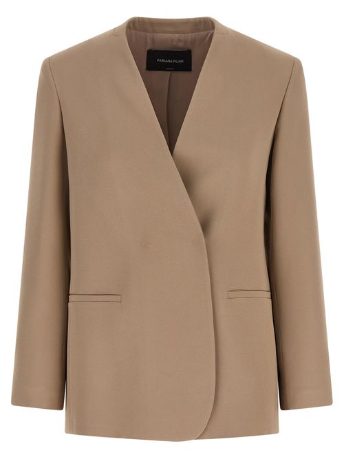 Linen-Viscose Twill V-Neck Blazer — Camel