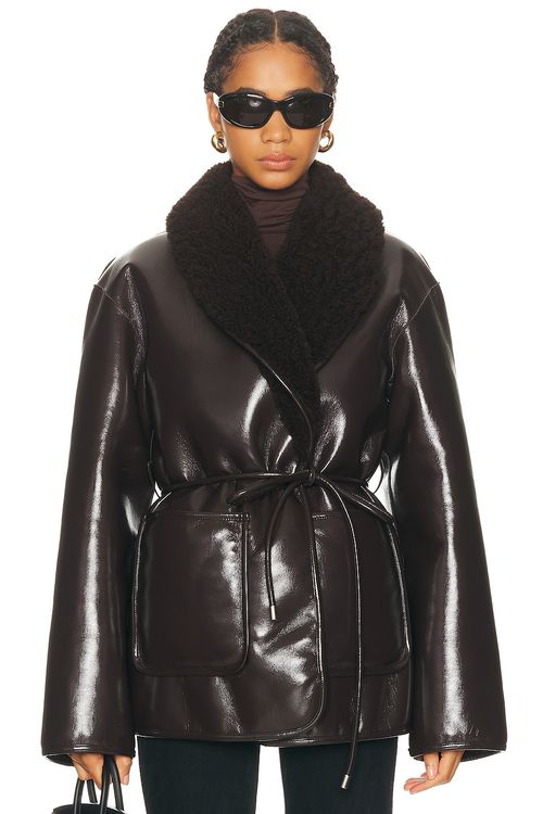 L'Academie Neriah Reversible Faux Leather Jacket in Chocolate Brown - Chocolate. L also in S, XXS, XS
