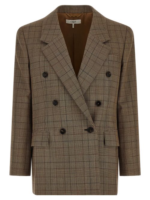 Check Wool Double-Breasted Blazer — Brown