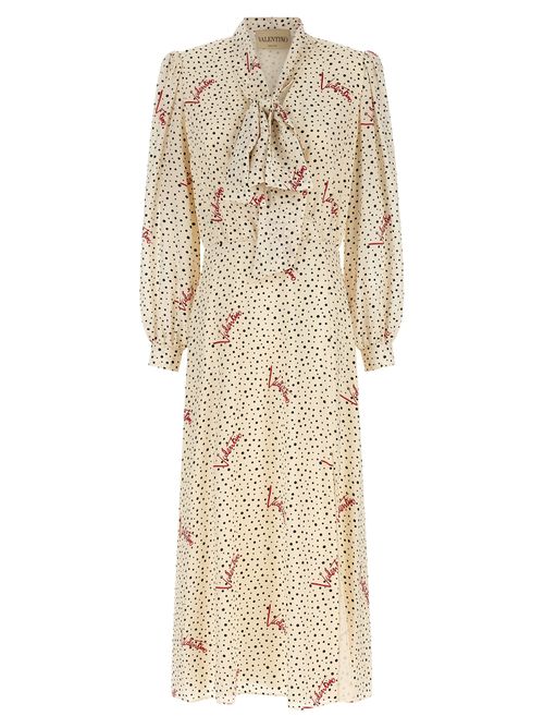 Silk Polka-Dot and Floral Print Midi Dress — Cream