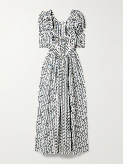 Ischia Shirred Floral-print Organic Cotton-blend Voile Midi Dress - Blue