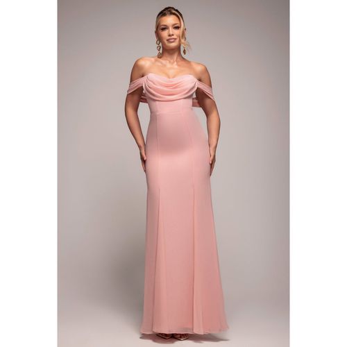 Goddiva Chiffon Bardot Cowl Neck Maxi Dress - Blush Pink