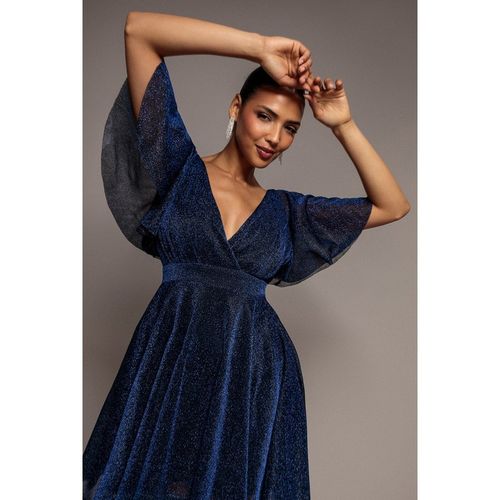 Goddiva Sparkle Lurex Wrap Mini Skater Dress - Navy Blue