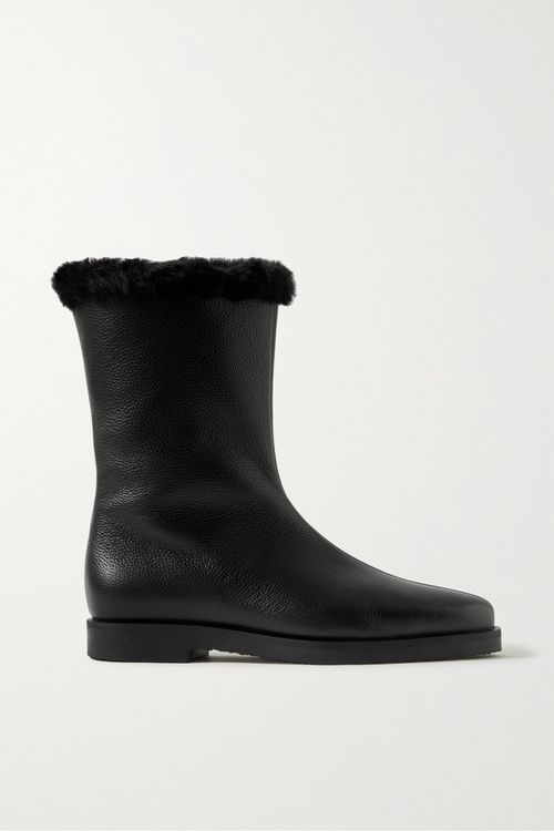 The Off-duty Faux Fur-lined Textured-leather Boots - Black