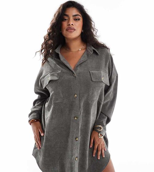 ASOS DESIGN curve cord oversized shirt dress with drop pocket in charcoal-Gray