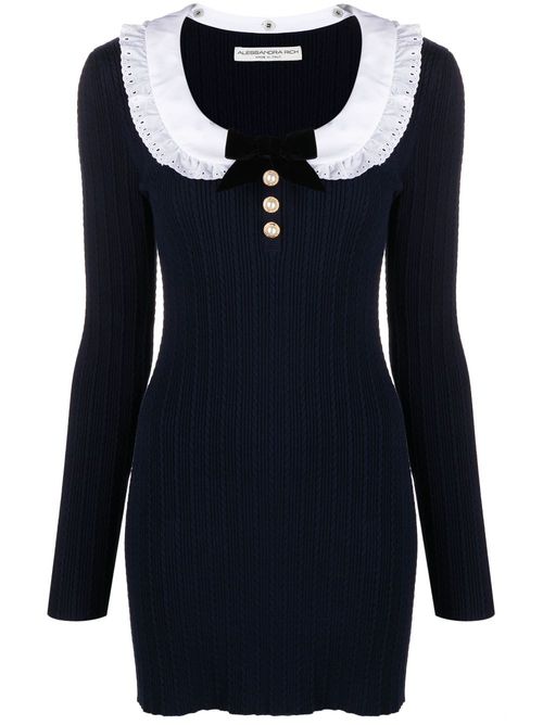 Lace-collar ribbed-knit minidress - Blue