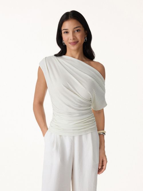 Striped Asymmetrical Neck Top - White/Green Stripe