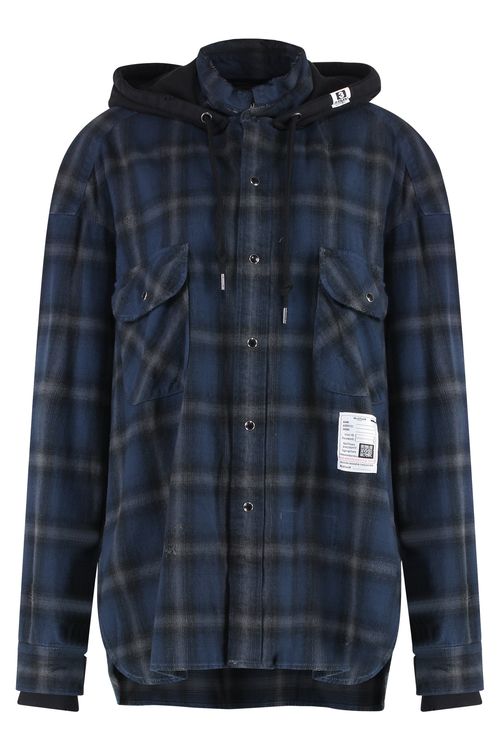 Men's Hooded Distressed Check Print Cotton Shirt