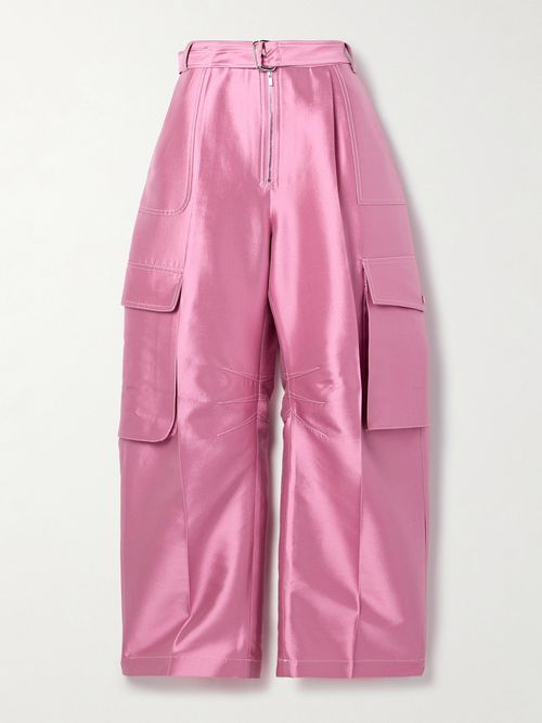 Silk And Wool-blend Satin Barrel-leg Cargo Pants - Pink