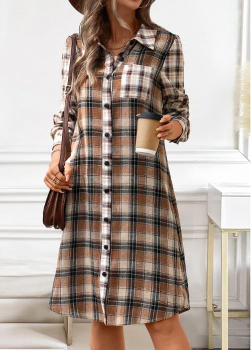 Modlily Dark Coffee Button Plaid A Line Long Sleeve Dre