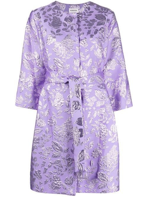 Floral metallic-jacquard belted coat - Purple