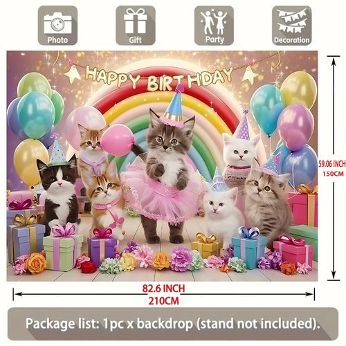 TEMU Birthday Cat Party Backdrop - Vibrant Rainbow & With Adorable Kitten In Tutu, Polyester Banner For Home, Room, And Party Decor, Festive Wa