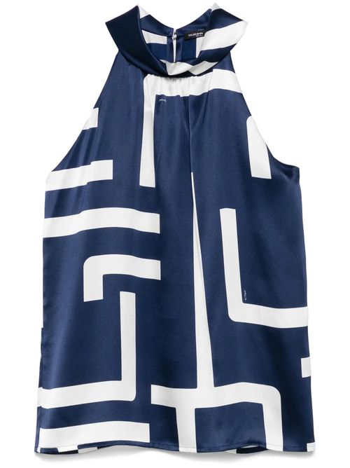 Silk Geometric Halterneck Tank Top — Navy