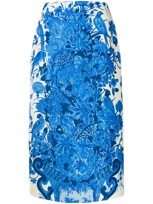 Floral-Print Wool-Silk Blend Skirt — Blue