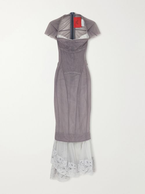 Cloudy Border Lace-trimmed Midi Dress - Gray