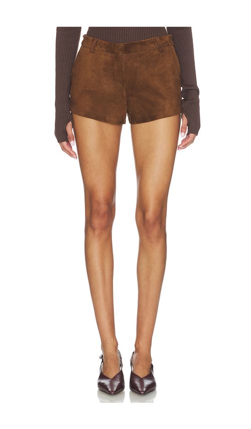AEXAE Leather Suede Mini Short in Brown. M. Also in L