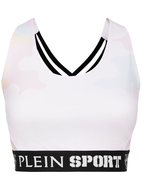 Camouflage-print crossover-strap sports bra - White