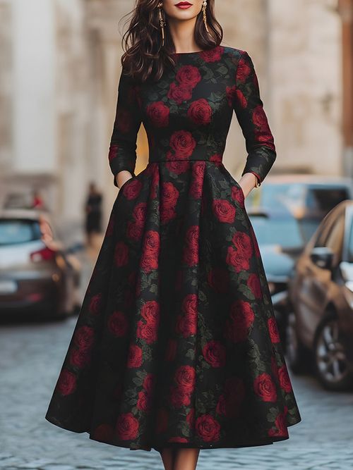 Elegant Jacquard Rose Print Midi Dress - Red