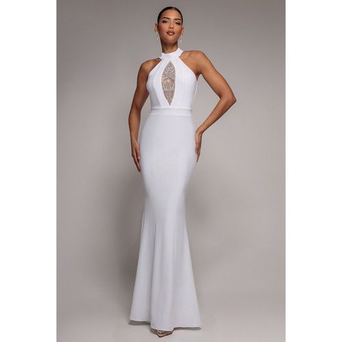 Goddiva Embellished High Neck Back Cut Out Maxi Dress - White