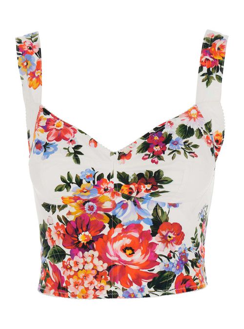 Multicolore Bustier Top With V-neck And All-over Floral Print In Cotton Woman