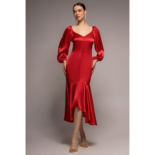 Goddiva Satin Viscose Front Buttoned Dipped Hem Midaxi Dress - Red