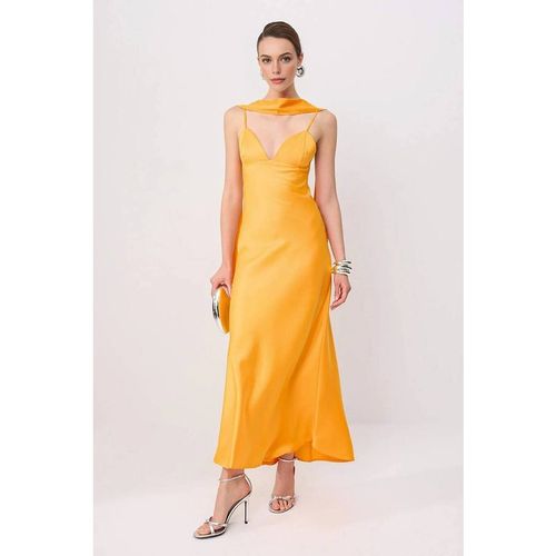HOXTON GAL Women's Satin Maxi Evening Dress w/ Spaghetti Straps & Shawl Detail in Orange