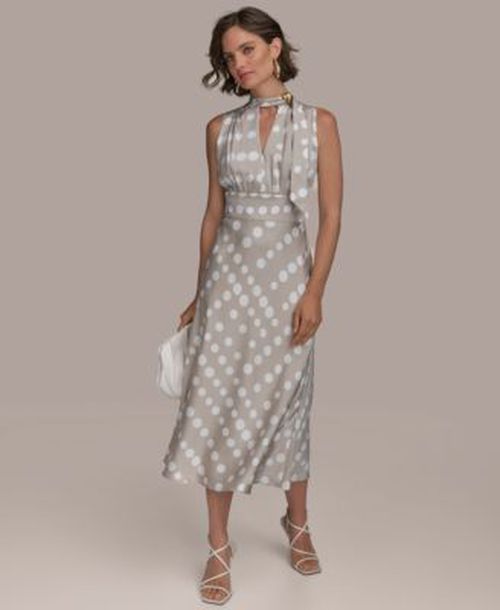 Womens Dot Print Tie Neck A Line Dress