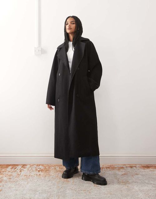 Kia wool blend oversized coat with tie waist detail in black