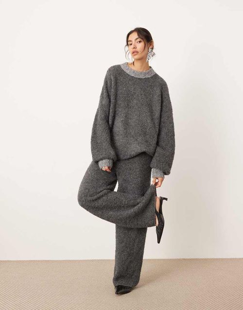 ASOS EDITION boucle knit wide leg pants in charcoal - part of a set-Gray