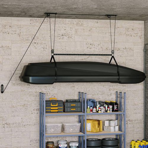 Garvee Cargo Box Garage Pulley System Heavy-Duty Ceiling Hoist 150 lb Capacity Steel Adjustable Straps Fits 8- Ceilings Garage Storage