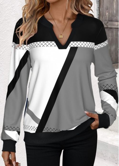 Modlily Black Patchwork Geometric Print Split Neck Sweatshirt
