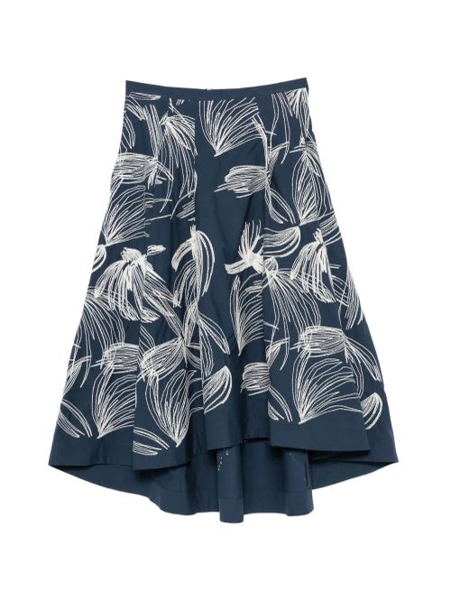 Floral-Embroidered Asymmetric Skirt — Navy