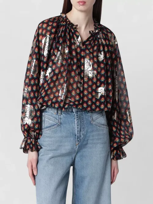 Etro - long sleeve v neck sheer floral top