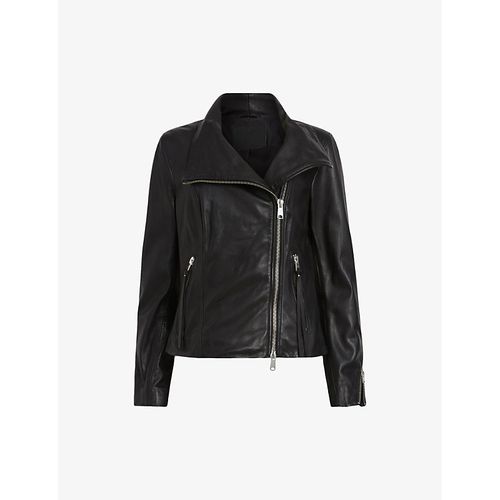 Womens Black Ellis Funnel-neck Leather Biker Jacket