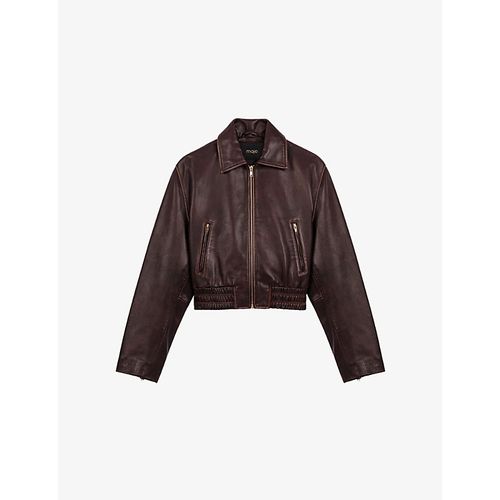 Womens Cropped Smocked-Waist Leather Jacket