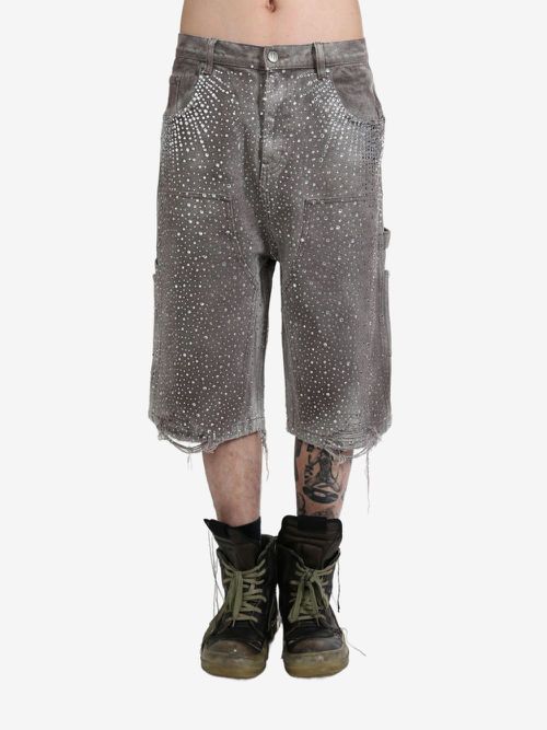 Crystal-embellished washed-denim shorts - Brown