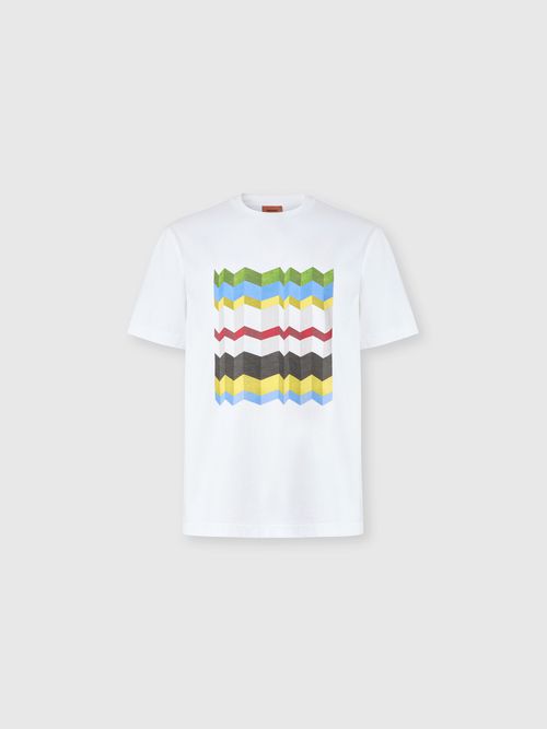 Missoni - Camiseta de algodón con cuello redondo y estampado de macro zigzag, Hombre, Blanco & Multicolor