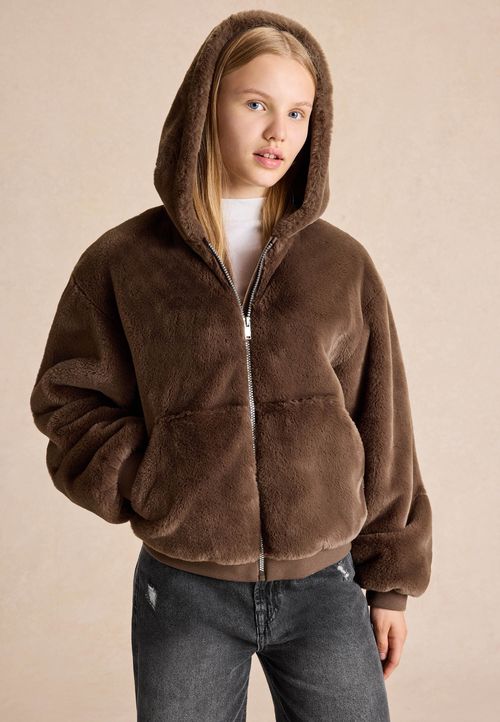 Older Girls Chocolate Brown Fluffy Hooded Jacket