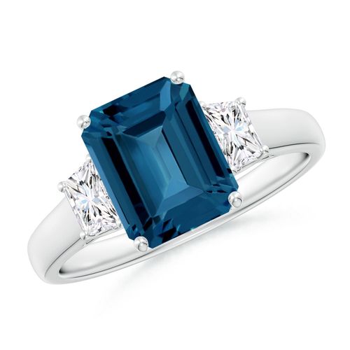 Angara 2.75 Carats Three Stone Emerald-Cut London Blue Topaz and Diamond Ring in Platinum