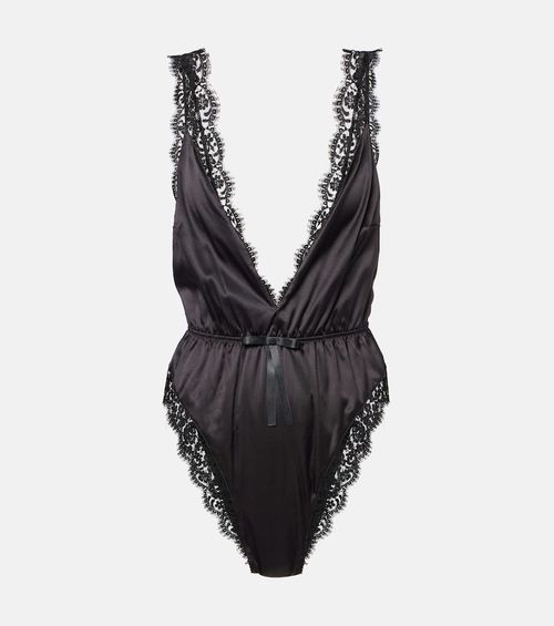Lace-trimmed silk-blend satin bodysuit